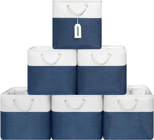 13x13 Inch Cube Storage Bins with Reinforced Bottom Cardboard, 6 Pack Large Collapsible Fabric Storage Cubes with Handles for Shelf, Closet, Toy, Laundry Organization (White&Navy Blue)