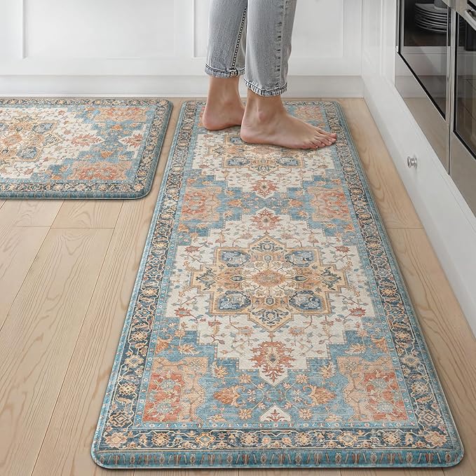 GENIMO Kitchen Mats for Floor 2PCs, Washable Anti Fatigue Mat for Cushioned, 17.3"x47"+17.3"x30", Waterproof Kitchen Rugs, Non Slip Comfort Standing Mat Rug for Home, Sink, Laundry, Blue&Salmon