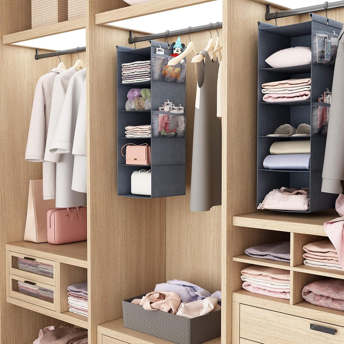 MAX Houser 5 Shelf Hanging Closet Organizer, Space Saver, Cloth Hanging Shelves with 4 Side Pockets, Foldable, Grey
