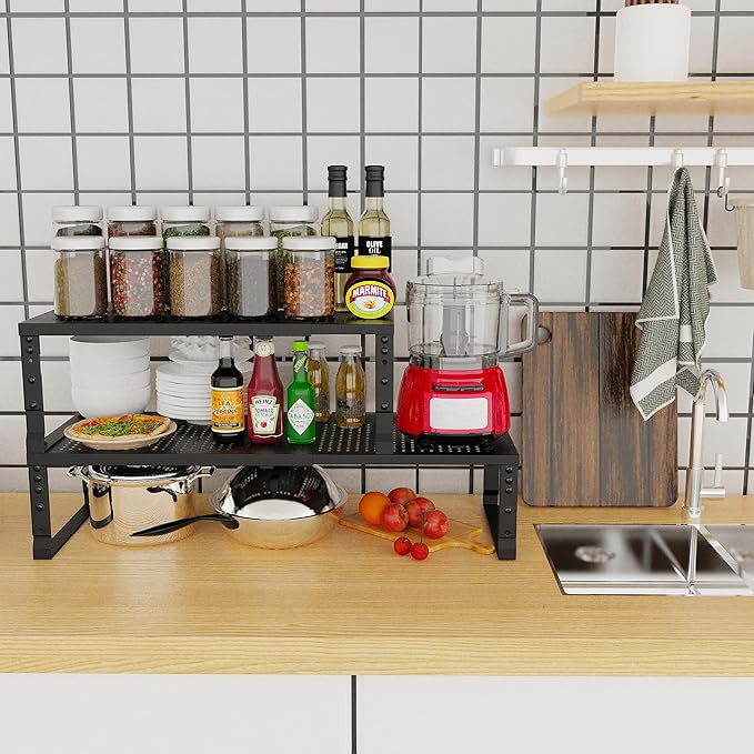 Expandable Adjustable Stackable Kitchen Organizer, Spice Rack,Metal Pantry Storage Shelves Racks,Counter Shelf for Cabinets, Countertop, Cupboard(1 Pack/Large/Black)