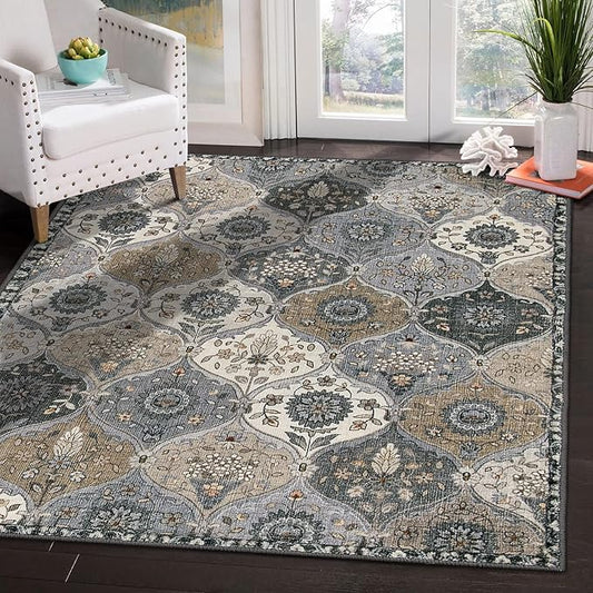 Lahome Moroccan Machine Washable Area Rugs, 4x6 Rug for Living Room Bedroom, Soft Non-Slip Rug Vintage Trellis Ultra-Thin Throw Carpet for Dining Room Office, Grey