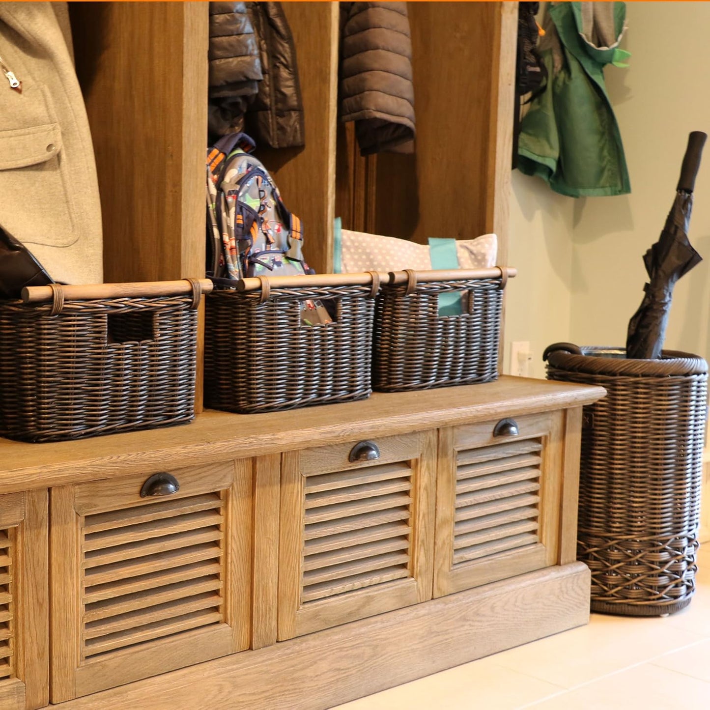 The Basket Lady Deep Pole Handle Wicker Storage Basket, Medium, 13.5 in L x 14 in W x 9 in H, Antique Walnut Brown