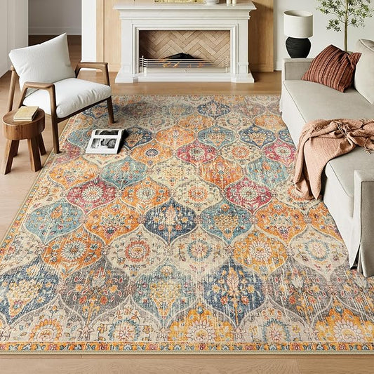 Lahome Moroccan Washable Area Rugs 9x12 Living Room, Soft 9x12 Area Rug for Bedroom, Oriental Non-Slip Non Shedding Throw Large Carpet for Dining Room Office, Cream/Multi