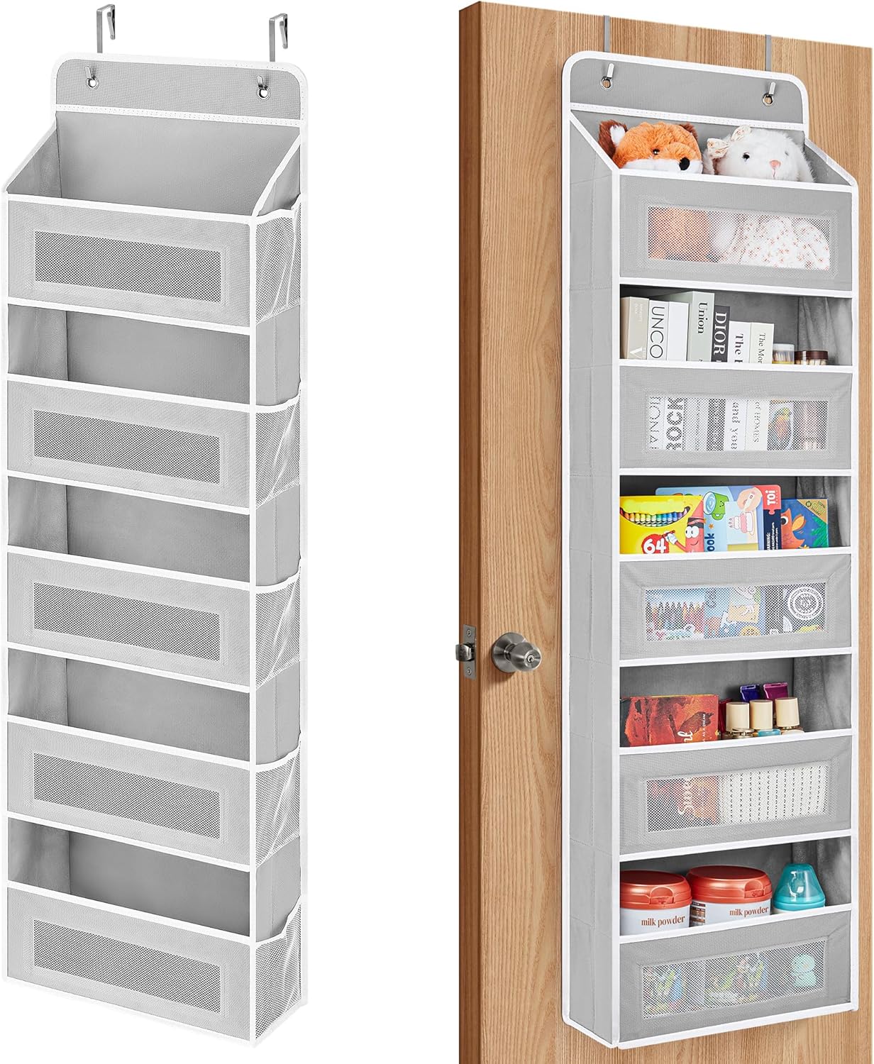 JARLINK Over The Door Organizer, 5 Shelf Door Hanging Organizer with 5 Large Pockets, 44 lbs Weight Capacity Hanging Storage for Bathroom, Bedroom, Nursery, RV, Pantry (Light Grey)