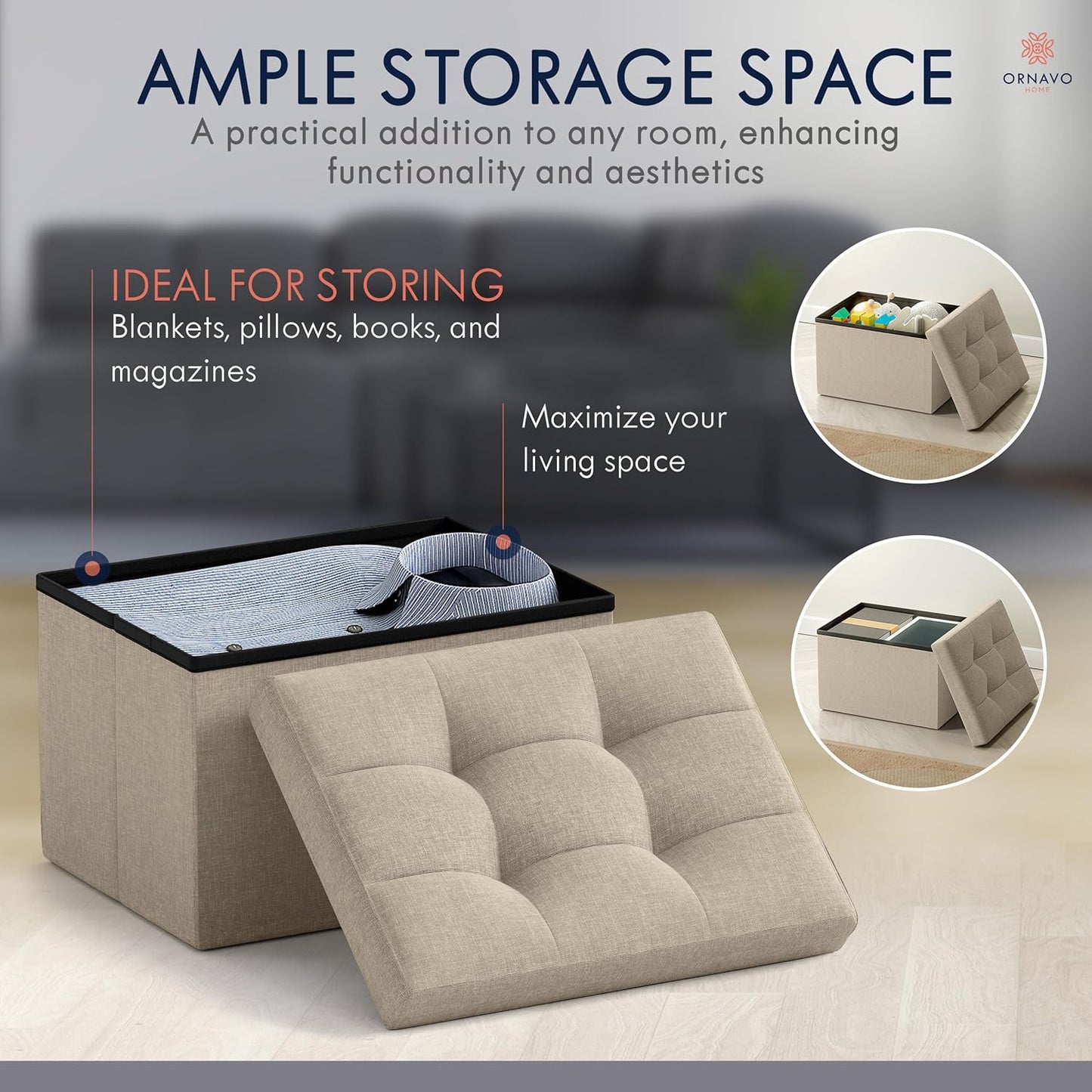 Ornavo Home Small Storage Ottoman, Set of 2, Foldable Collapsible Rectangle Linen Ottoman Foot Rest Stool Seat, for Living Room, Bedroom, Home Office, Dorm - 12 x 16 x 12, Taupe