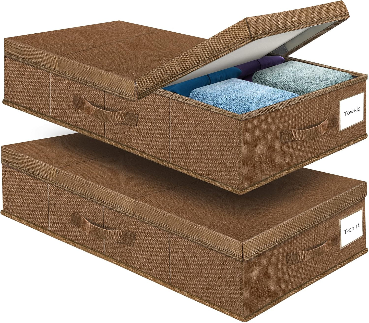 Underbed Storage Containers Bin with Lids (2pcs) Large Under Bed Storage Organizer Box with Handle, Foldable Under the Storage Bags for Organizing Clothes, Shoes, Blankets, Pillows-Dark brown
