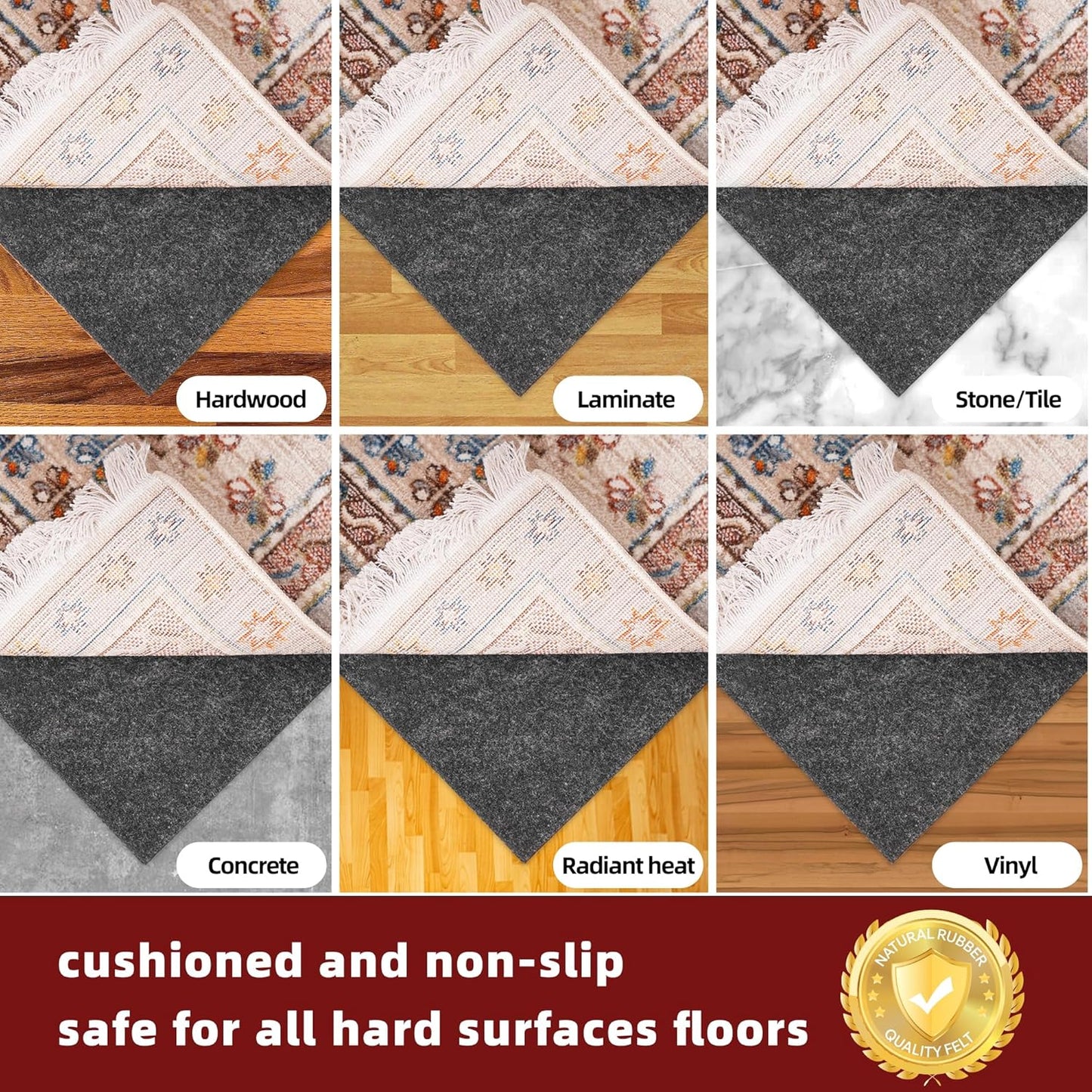 BAGAIL Felt and Natural Rubber Backing Rug Pads 1/4” Thick, 5 x 8 Ft Non Slip Carpet Gripper Keep Rugs in Place, Under Area Rug Protective Cushioned Pads, Carpet Runners, Hardwood Floors Protection