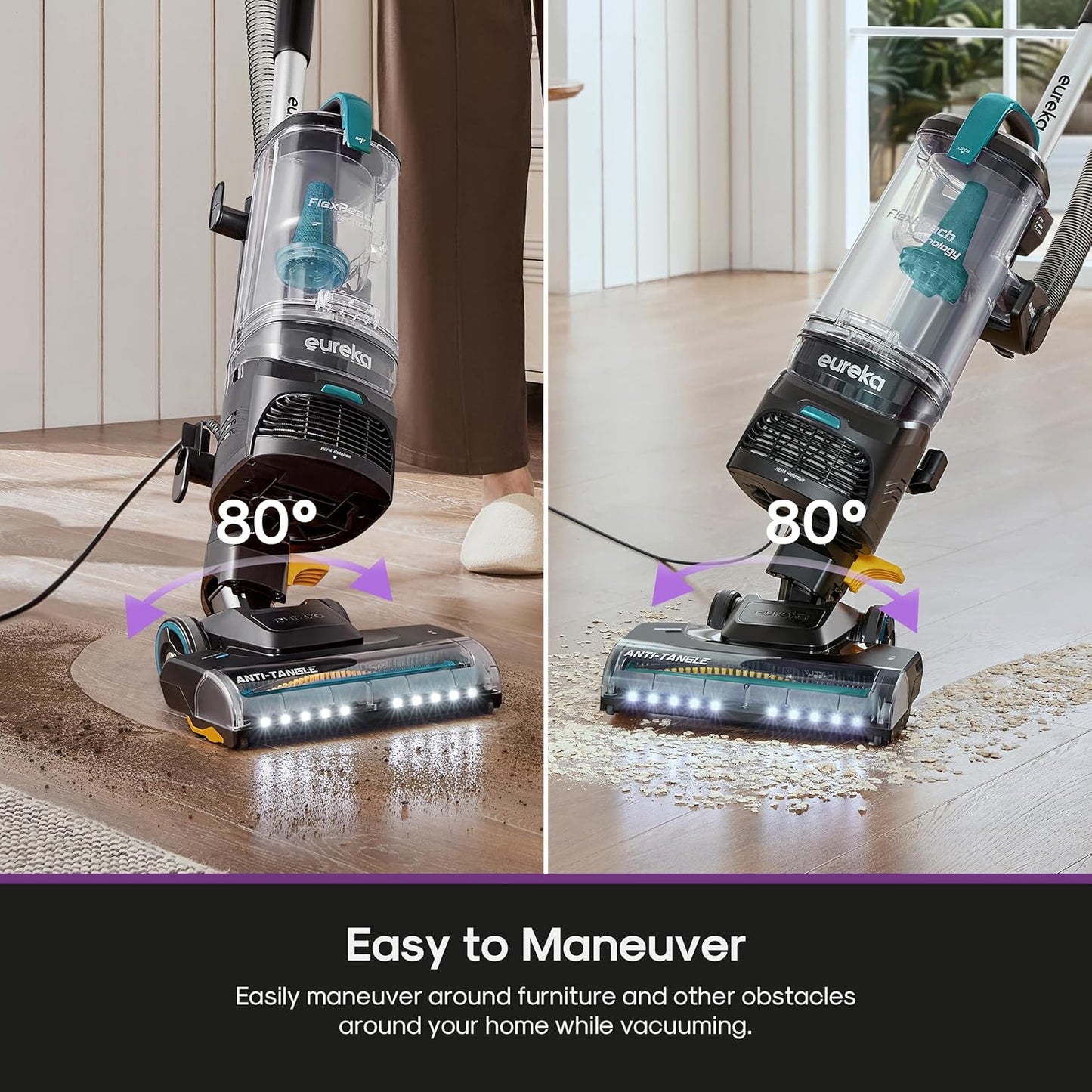 Eureka FlexReach Plus Bagless Upright Vacuum Cleaner for Home,Pet Vacuum for Carpet and Hard Floor, Lift-Up Vacuum with Flooring Type Sensor, HEPA Filter,Anti-Tangle, NEU652, Green