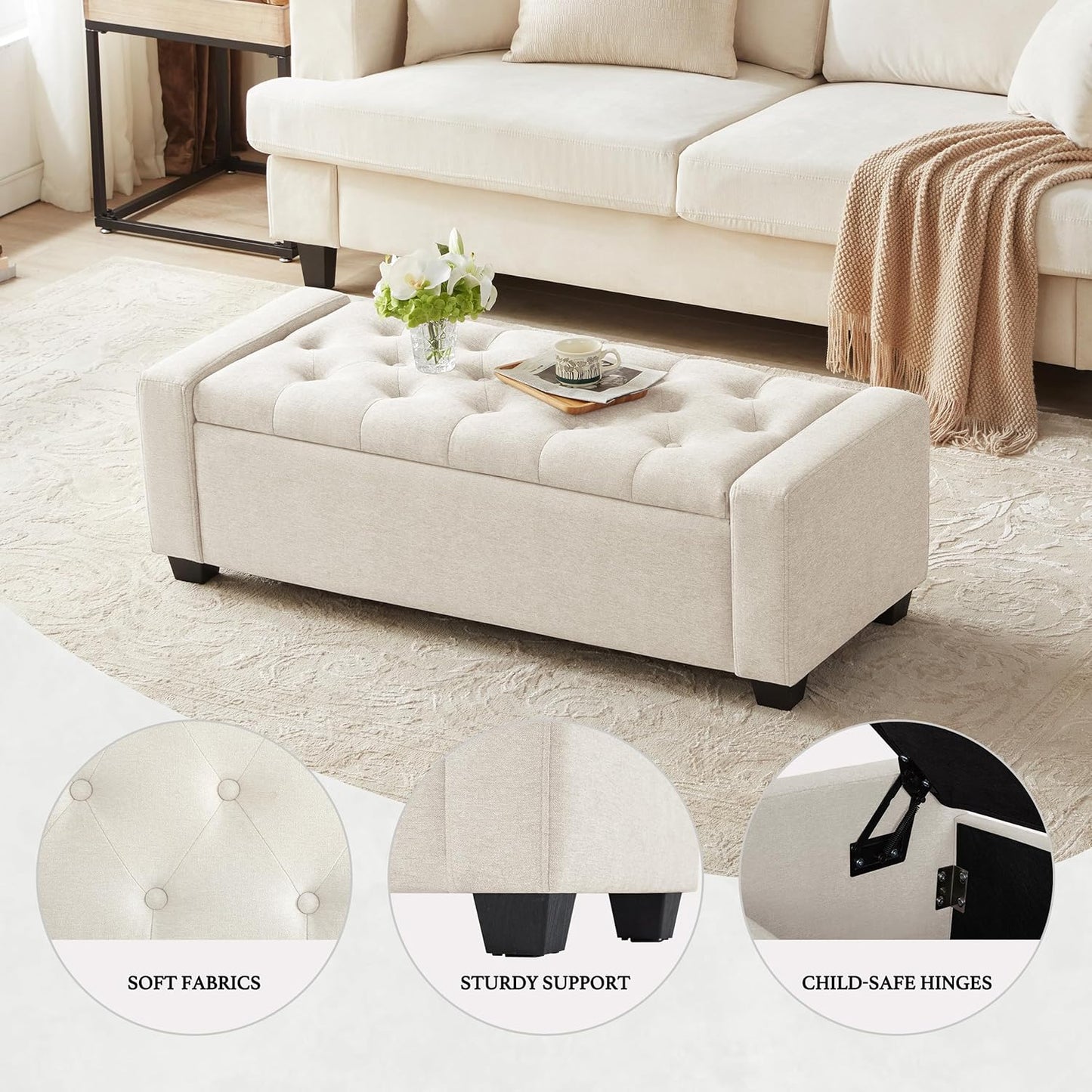 48" Ottoman with Storage, Storage Ottoman Bench with Safety Hinge, Upholstered Entryway Bench with Seating for Bedroom, Living Room, Holds up to 330 lb, Beige
