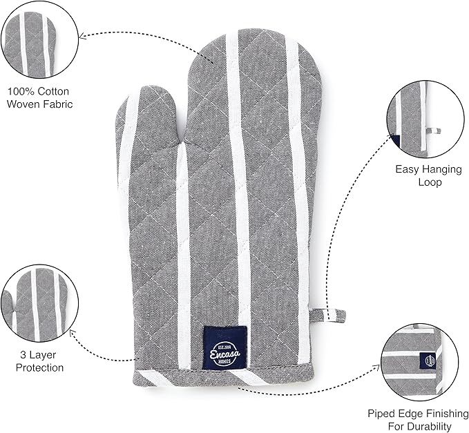 Encasa XO Long 12"x7" Oven Microwave Hand Gloves Mitts (2 pc Set) for Kitchen Cooking & Baking - Heat Resistant, Thick & Safe, Protection of Hands from Hot Utensils - Roma Grey Stripes