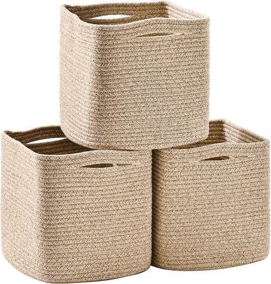 11 Inch Cube Storage Bins, Storage Cube Organizer Bins, Woven Cotton Rope Baskets for Storage, Storage Basket for Organizing Shelves, Square Baskets for Toys Nursery, Brown (Pack of 3)