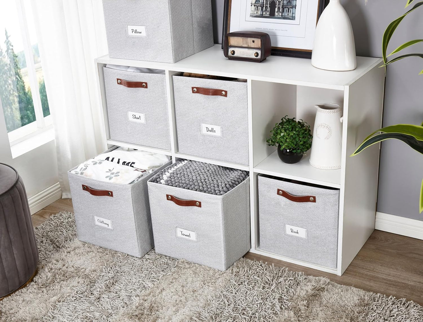 DECOMOMO Storage Baskets, 13x15x13 Storage Cube Bins with Labels for Organizing Shelves (Kallax / 4pcs, Light Grey)