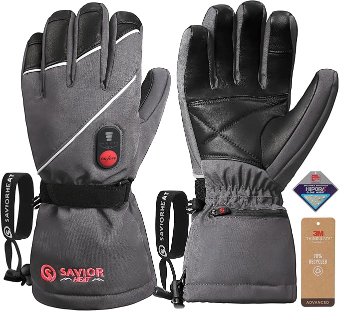 SAVIOR HEAT Heated Gloves for Men Women, Rechargeable Electric Heated Leather Skiing and Snowboarding Gloves