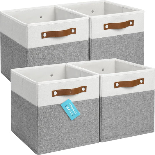 OrganiHaus 11x11 Fabric Cubes Storage Bins Set of 4, Foldable Collapsible Fabric Storage Bins for Organizer, Cubbies Organizer for Kallax, Linen Cube Shelf Baskets, Toy Organizing boxes - Grey/White